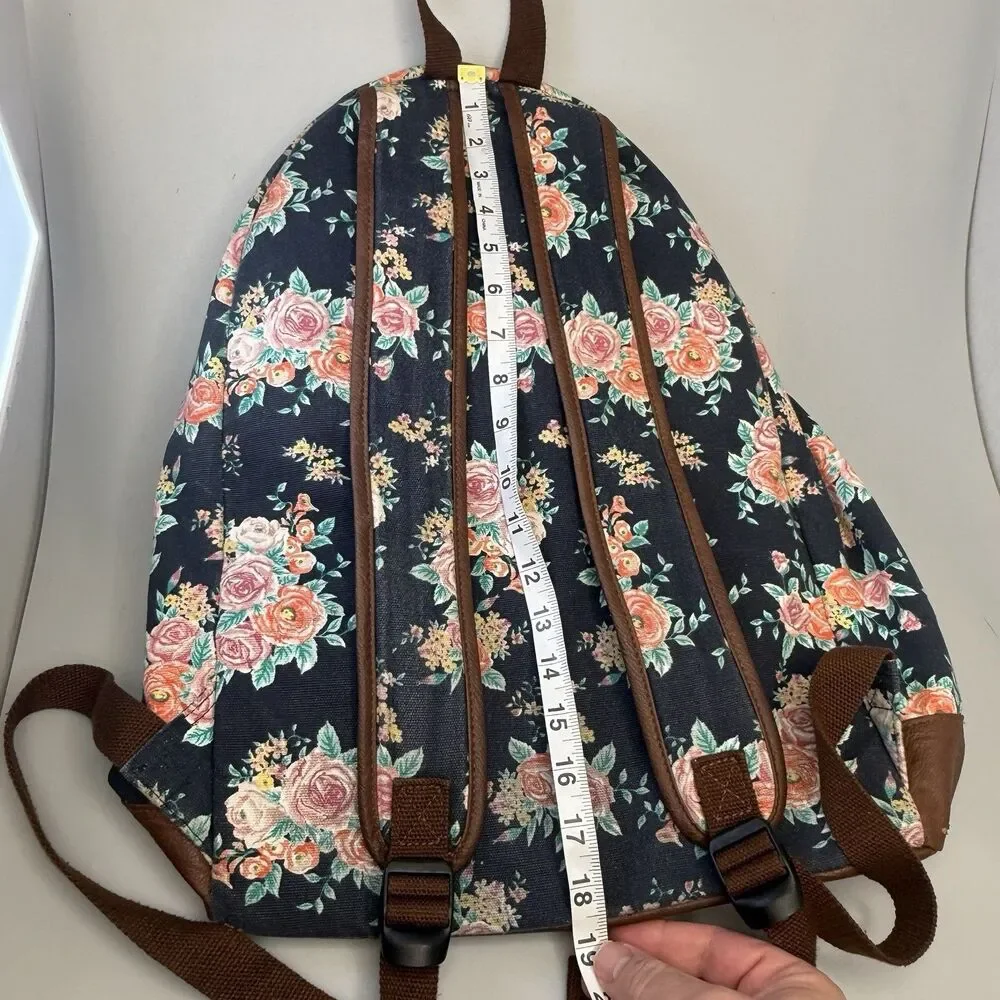MUDD Backpack Canvas Navy Blue Floral Tassel Pulls Faux Leather EUC